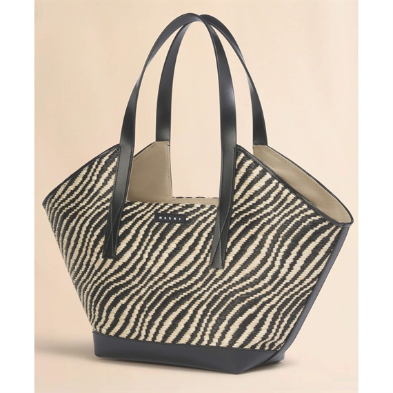 Marni Black Raffia-Effect Waves Small Tote Bag